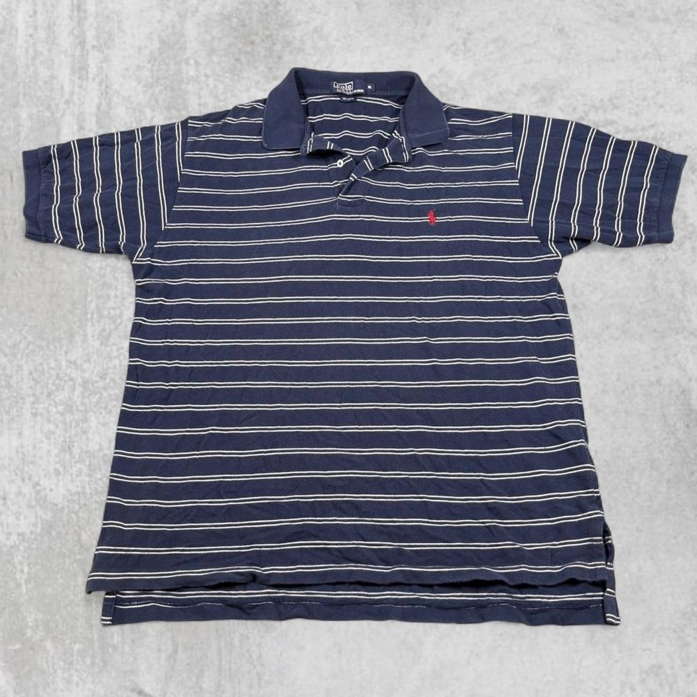 Polo Ralph Lauren Mens XL Navy Blue White Striped Short Sleeve Polo Shirt Pony